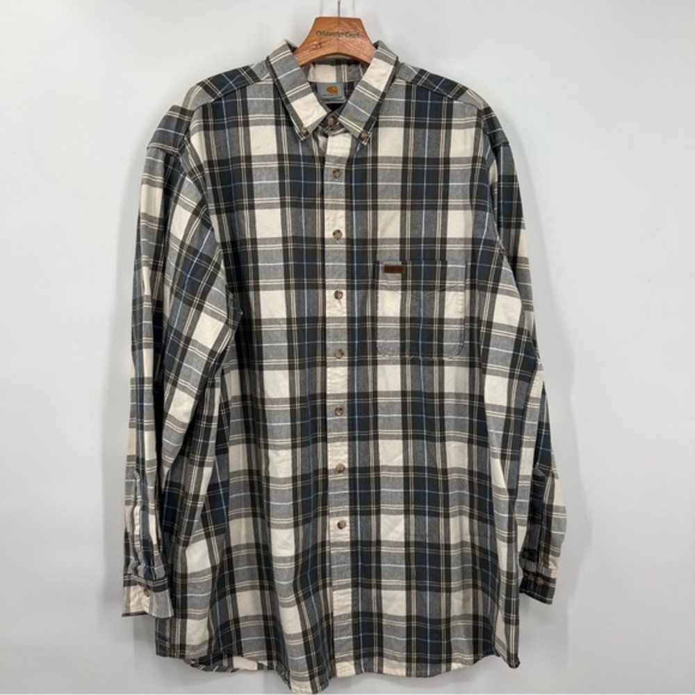Vintage 90’s Carhartt Green Plaid Cotton Button Down Shirt Made in USA TALL